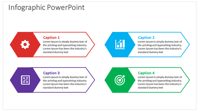 Infographic PowerPoint slide with colorful hexagonal shapes, icons, and captions for visual representation.