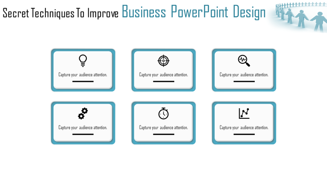 Business PowerPoint design slide showcasing six icons with captions for presenting ideas and strategies.
