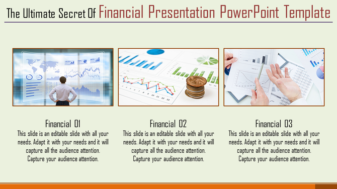 Financial PowerPoint template featuring three sections with visuals and captions.