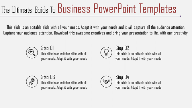 Business slide with four numbered steps, each with icons and descriptions, on a white background.