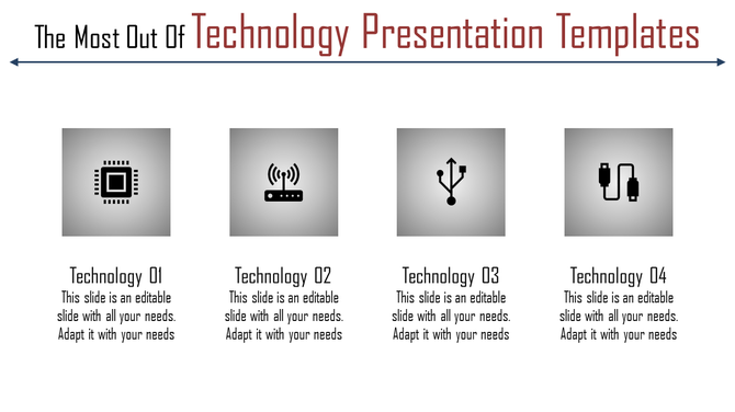 Slide showcasing four technology icons a microchip, router, USB, and cable connectors, representing modern tech elements.