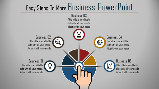 Business PowerPoint slide featuring a circular diagram with five sections, icons, and a central hand clicking element.