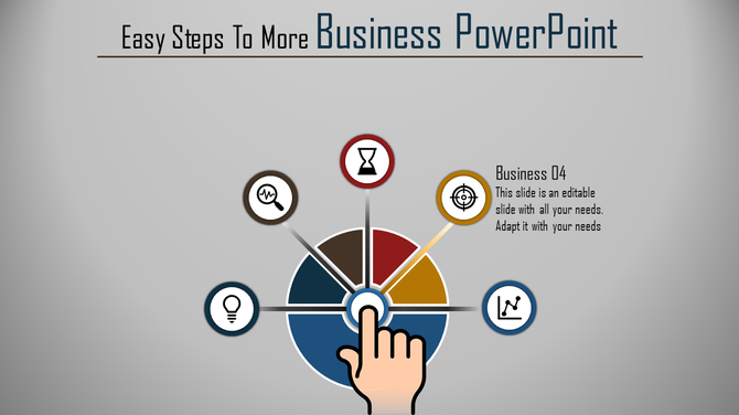 Interactive business slide with a hand pointing to a circular diagram featuring icons on a gray background.