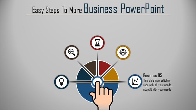 Infographic template with a hand icon interacting with a central hub surrounded by five icons for key business concepts.