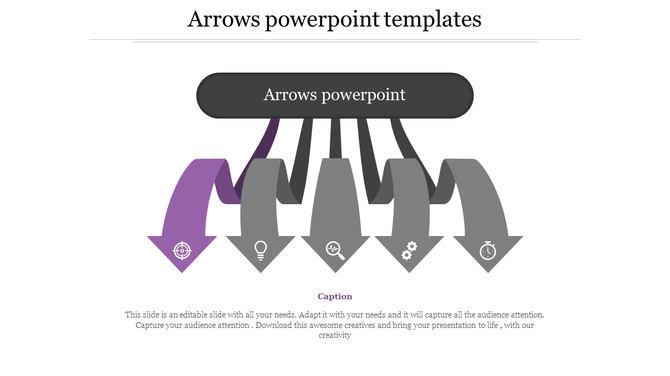 Arrows PPT template showing a central arrow splitting into five with icons representing target, ideas, gears, and time.
