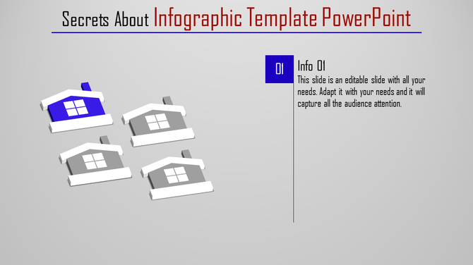 Infographic slide featuring a group of house icons, with one highlighted in blue, paired with descriptive text on the right.