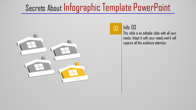 Infographic slide with four house icons, one highlighted in yellow, paired with descriptive text on a gray background.