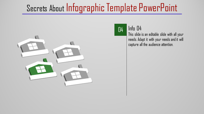Infographic template showcasing house icons with one highlighted in green and text information on the right.