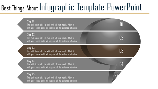 Five step infographic with arrow shapes, a brown middle step, and a metallic gradient circular design on the right.