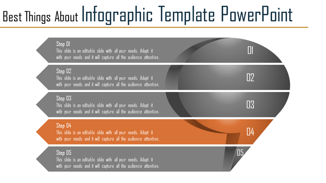 Horizontally layered infographic template featuring five labeled steps with an orange highlight on step four.