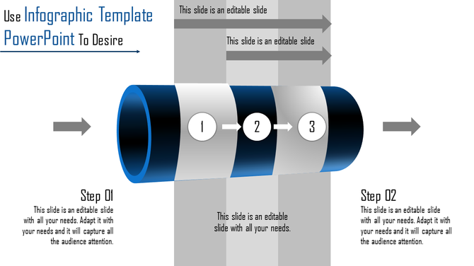 Modern pipeline infographic slide showcasing three stages with captions and directional arrows for process flow.