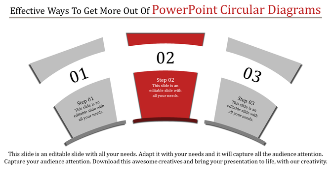 Circular diagram template with three segments, emphasizing Step 02 in red and other steps in gray, for process mapping.