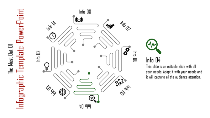 Hexagonal infographic design with eight sections labeled as Info 01 to 08, highlighting a red light bulb icon for Info 04.