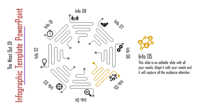 Circular infographic with eight interconnected paths and icons, featuring 05 highlighted in yellow with a handshake icon.