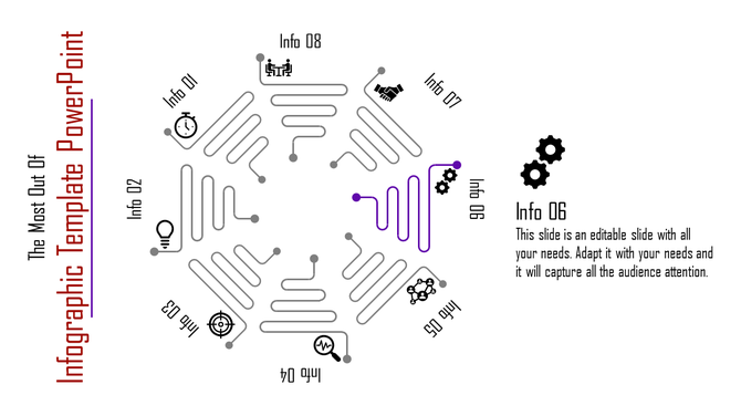 Hexagonal infographic slide with eight labeled sections, highlighting Info 06 with a purple line leading to gear icons.