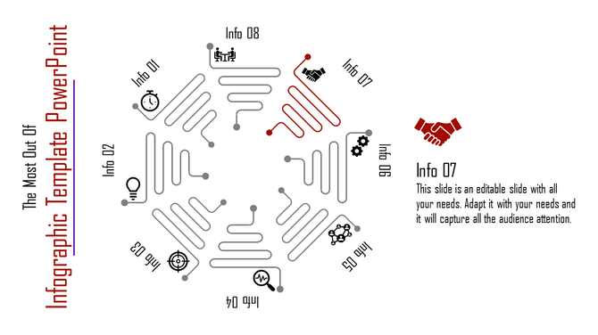 Circular infographic with eight interconnected paths and icons, featuring 07 highlighted in red with a handshake icon.