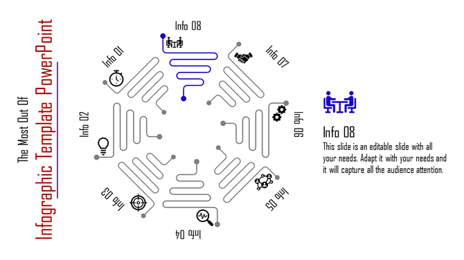 Creative PowerPoint slide featuring a radial infographic layout with highlighted Info 08 section and collaboration icon.