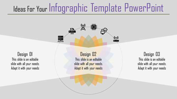 Infographic PPT template featuring three design sections with icons and a colorful overlapping flower pattern in the center.