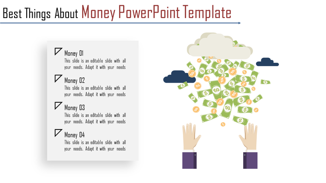 Money themed PowerPoint template showing hands reaching for falling cash and coins under a cloud.