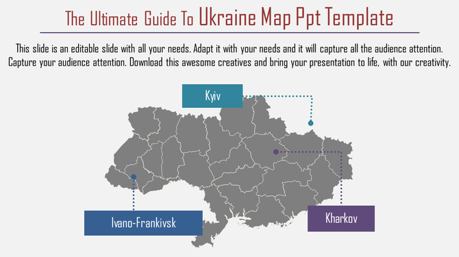 Slide featuring a map of ukraine, highlighting key cities such as kyiv, ivano frankivsk, and kharkov, with text areas.