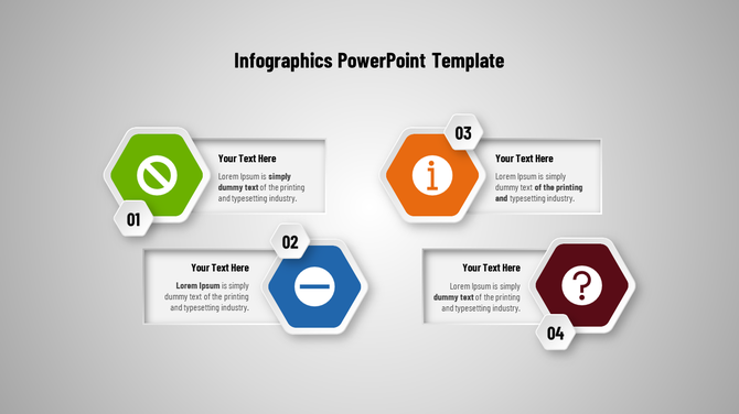 Hexagonal infographic layout with green, blue, orange, and maroon shapes on a light gray gradient background.