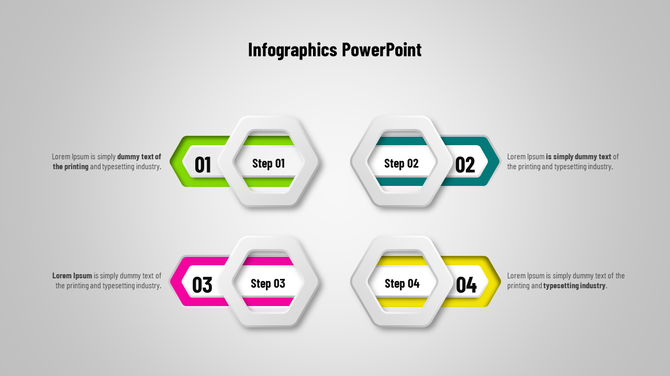 Modern infographic slide with hexagonal frames and vibrant color coded steps for visualizing processes or stages.