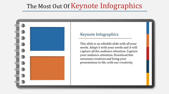Keynote infographic PowerPoint slide featuring a spiral bound notebook design with blue and orange sections and text.