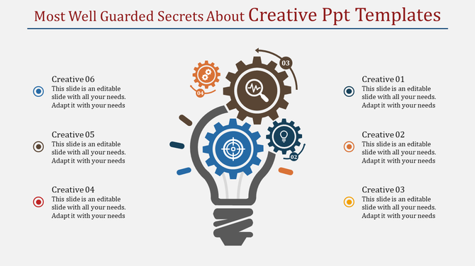 Infographic featuring a lightbulb design with colorful gears and icons, surrounded by six labeled creative options.