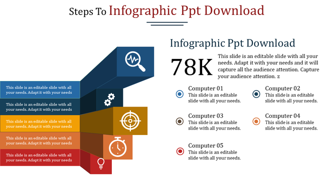 Infographic slide with five stacked 3D colored blocks and icons, featuring statistics and captions.