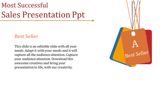 Sales PowerPoint slide featuring a best seller tag design with colorful overlapping tags and text.