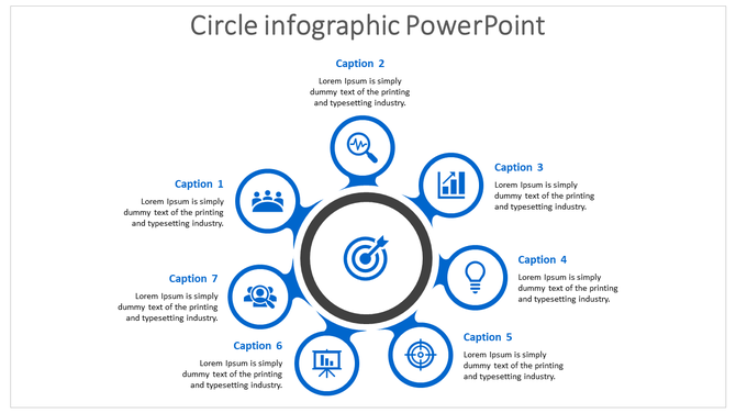Infographic PowerPoint template with seven numbered captions arranged in a blue circle with various icons.
