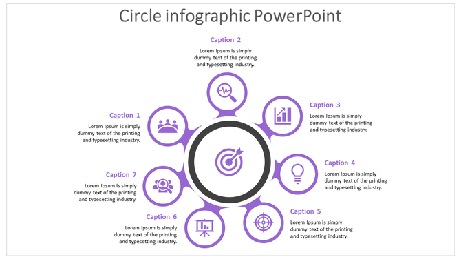 Circle infographic PowerPoint slide with seven sections for various icons and captions.