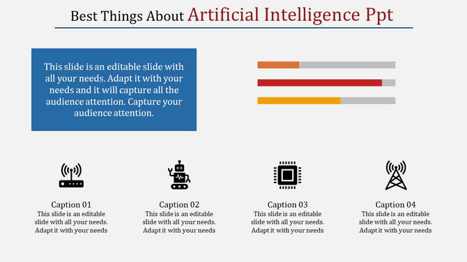 Artificial Intelligence slide with a blue text block, a bar chart, and four captioned icons showcasing AI elements.
