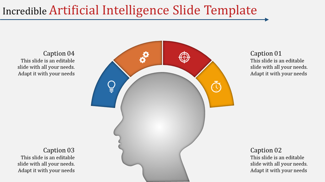 Artificial intelligence slide featuring a human head silhouette with a semicircular diagram and four colorful icons.