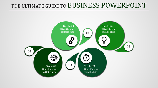 Business themed design with four green circles, icons, and numbers linked in a connected layout on a white backdrop.