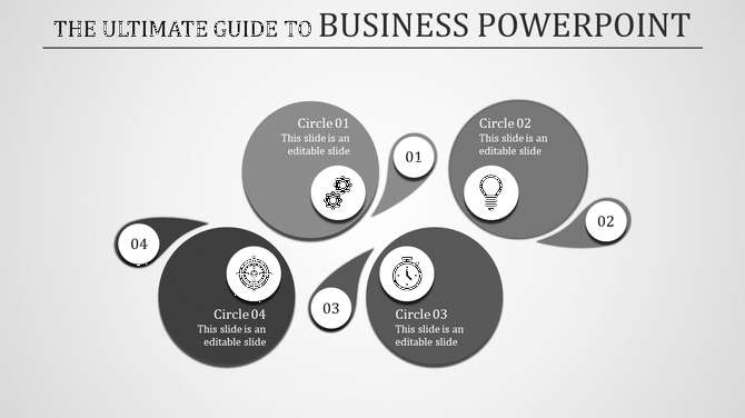 Grey themed business PPT slide with circular icons representing gears, ideas, time, and targets with placeholder text.