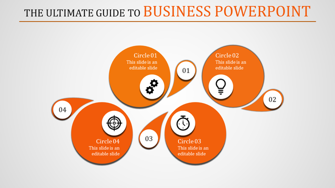 Business PowerPoint guide featuring interconnected orange circles with icons for gears, ideas, time, and target goals.