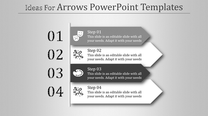 Gray themed slide with four arrows pointing right, featuring numbered steps, icons, and descriptive text.