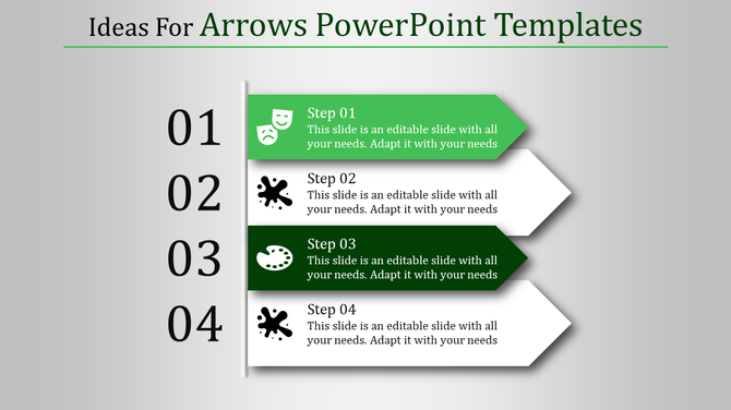 Arrows PowerPoint slide showcasing four numbered steps with green and white arrow graphics and icons.