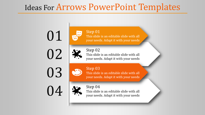 Arrow themed PowerPoint slide featuring four numbered steps with orange and white design elements.