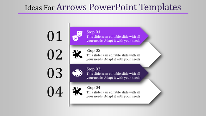 Four purple and white arrows pointing right, numbered 01 to 04, with icons and text on a light gray background.