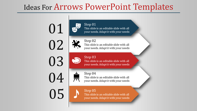 Five step slide with colorful arrows, numbered sections, icons, and text over a gray gradient background.