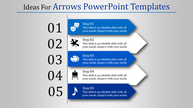 Arrows template with steps 01 to 05 in blue and white tones, featuring icons and aligned text.