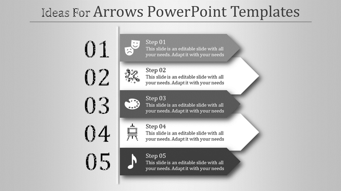Arrows PowerPoint slide featuring five numbered steps with gray arrow graphics and icons with placeholder text.