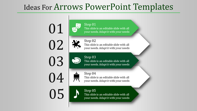 Numbered five step PowerPoint template with green and white arrow graphics and icons for each step.