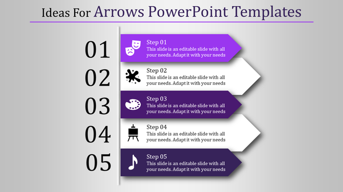 Creative PPT slide showcasing five sequential steps with arrows in shades of purple and white, paired with unique icons.