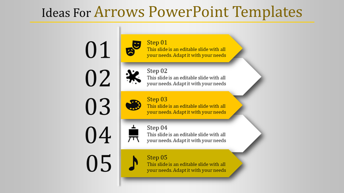 Yellow vertical arrow based PowerPoint template featuring five steps with text placeholders and matching icons.