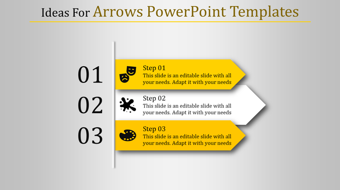 Yellow themed Arrows PowerPoint template showcasing steps with icons and text for presentations.