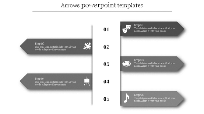Five gray arrow shapes pointing horizontally with steps aligned around a vertical number column.