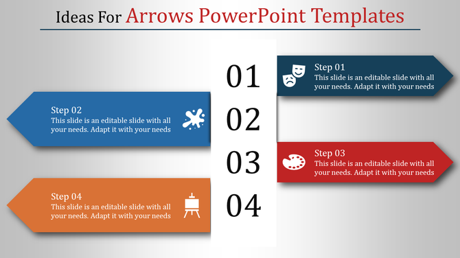 Arrow PowerPoint template showing four steps with colored arrows, numbered labels, and placeholder text.